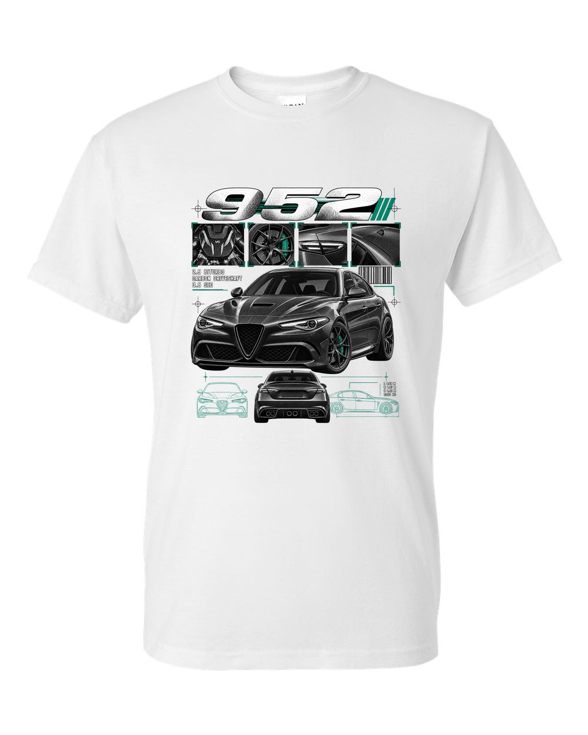 Dossier panel print of an Alfa Romeo Giulia Quadrifoglio 952 with 2.9 biturbo and carbon driveshaft text white t-shirt front view with the design