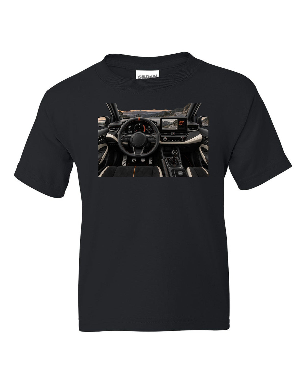 Toyota GR Corolla Morizo Edition at night on a touge-style road with spec text black kids tee front view with the design