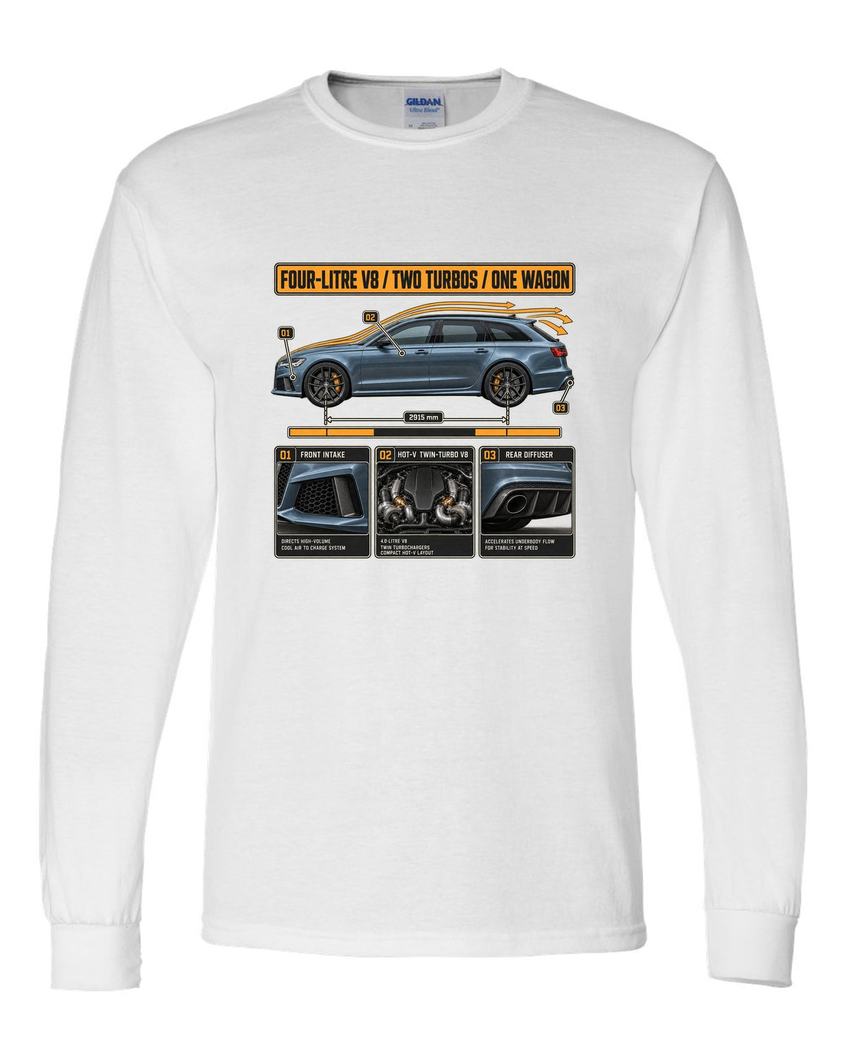 Audi RS6 Avant C7 steel blue aero cutaway callouts print white long sleeve front view with the design