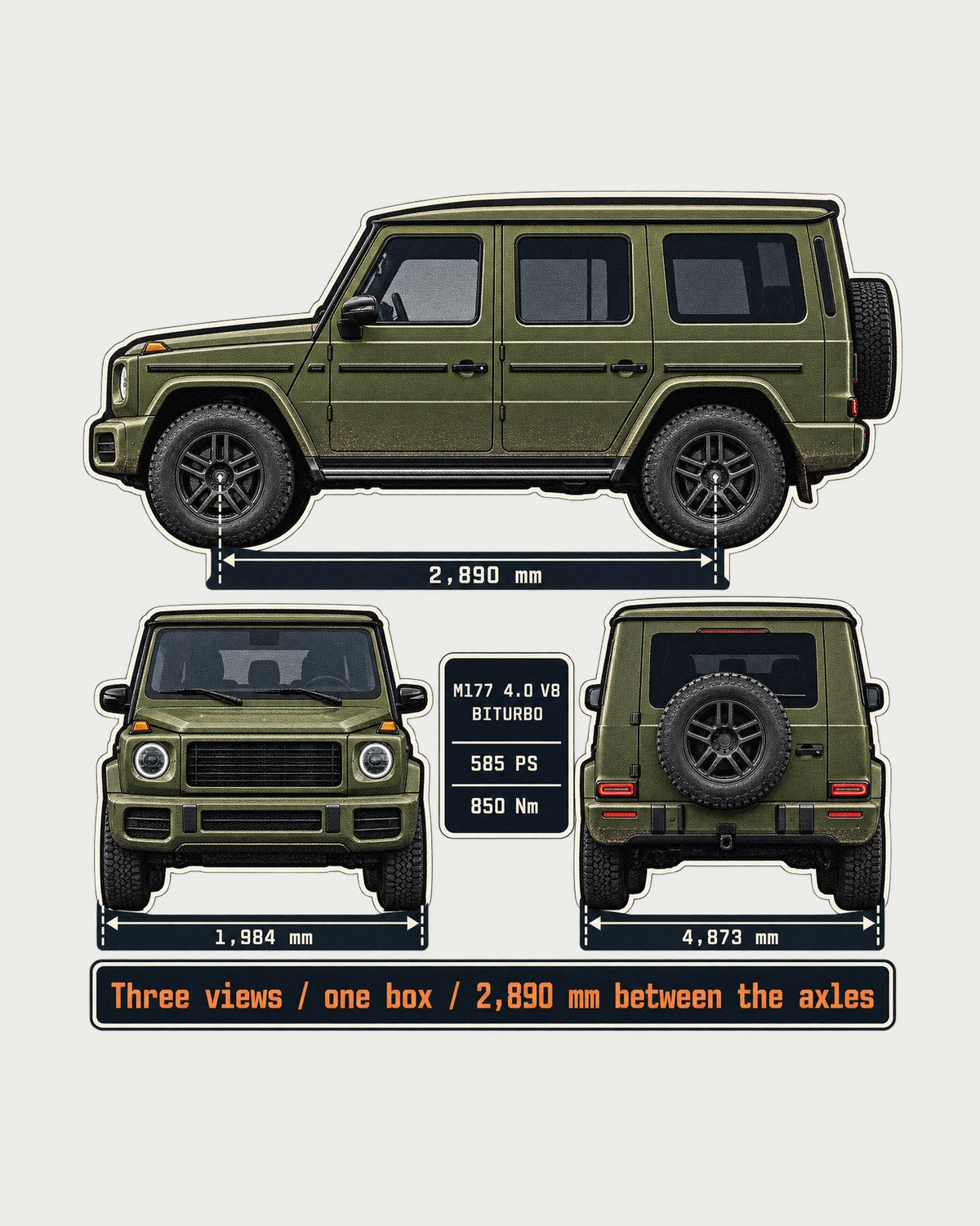 Mercedes-AMG G63 W463A Three-View Dossier Tee, 2,890 mm Wheelbase design only