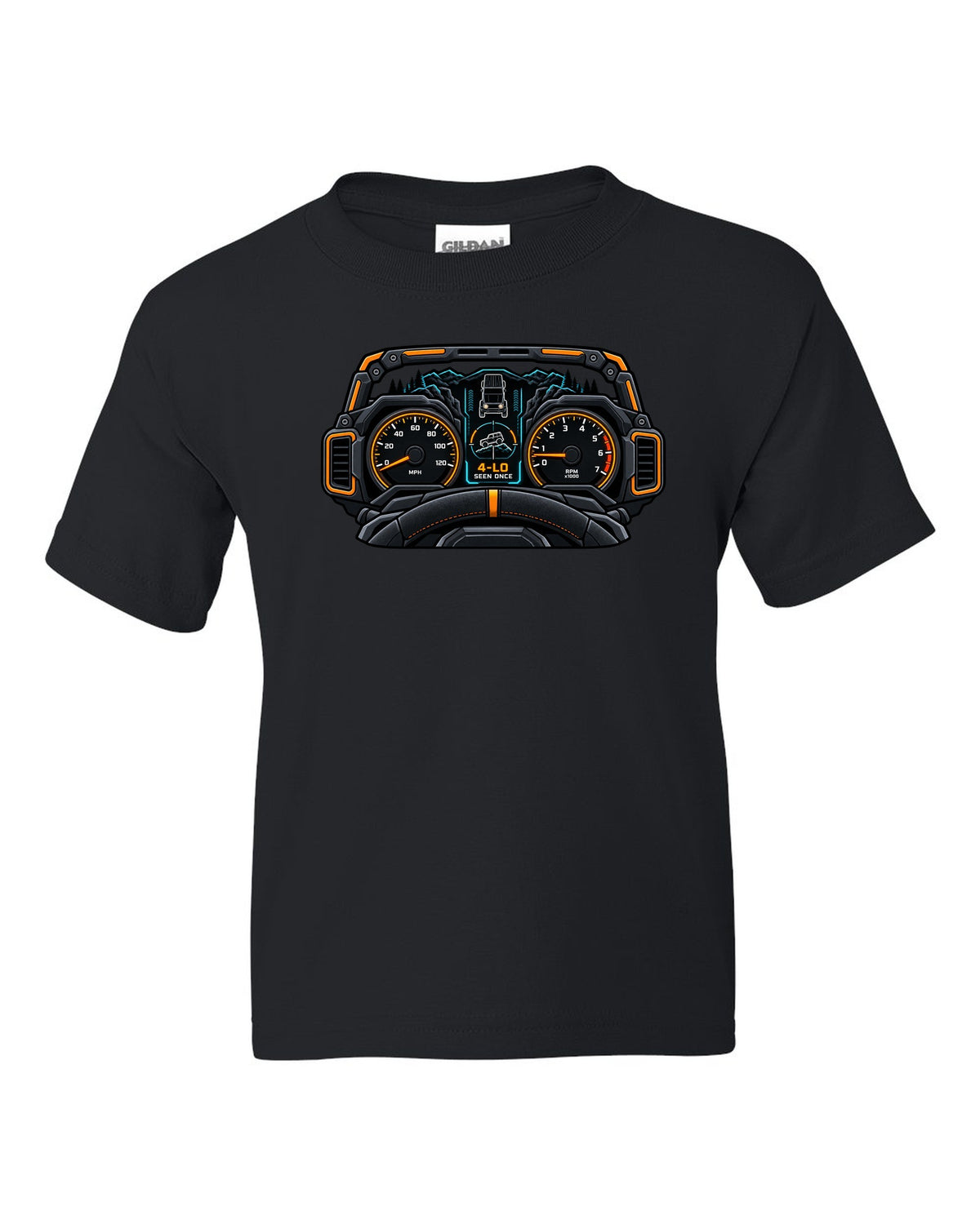 Ford Bronco 6G U725 gauge cluster HUD print black kids tee front view with the design