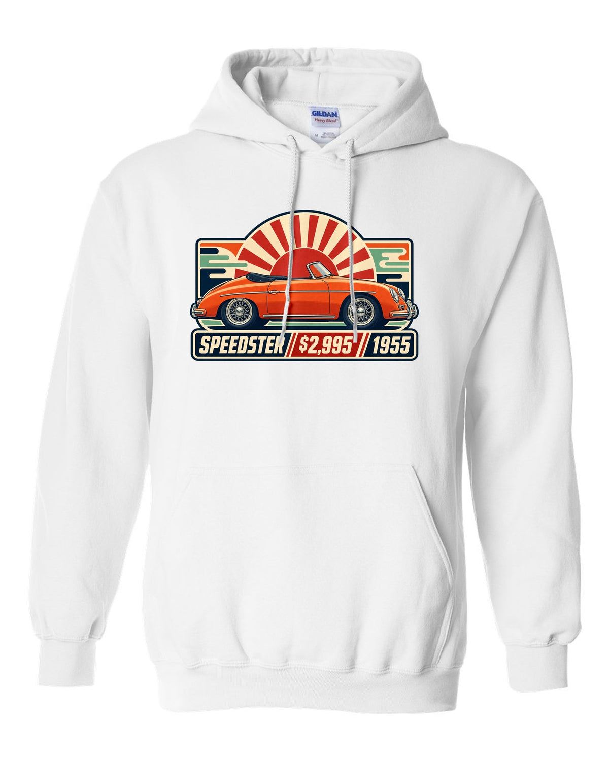 print of five Porsche 911 generations in a row, labelled 901, 930, 964, 993 and 996 white pull over hoodie front view with the design