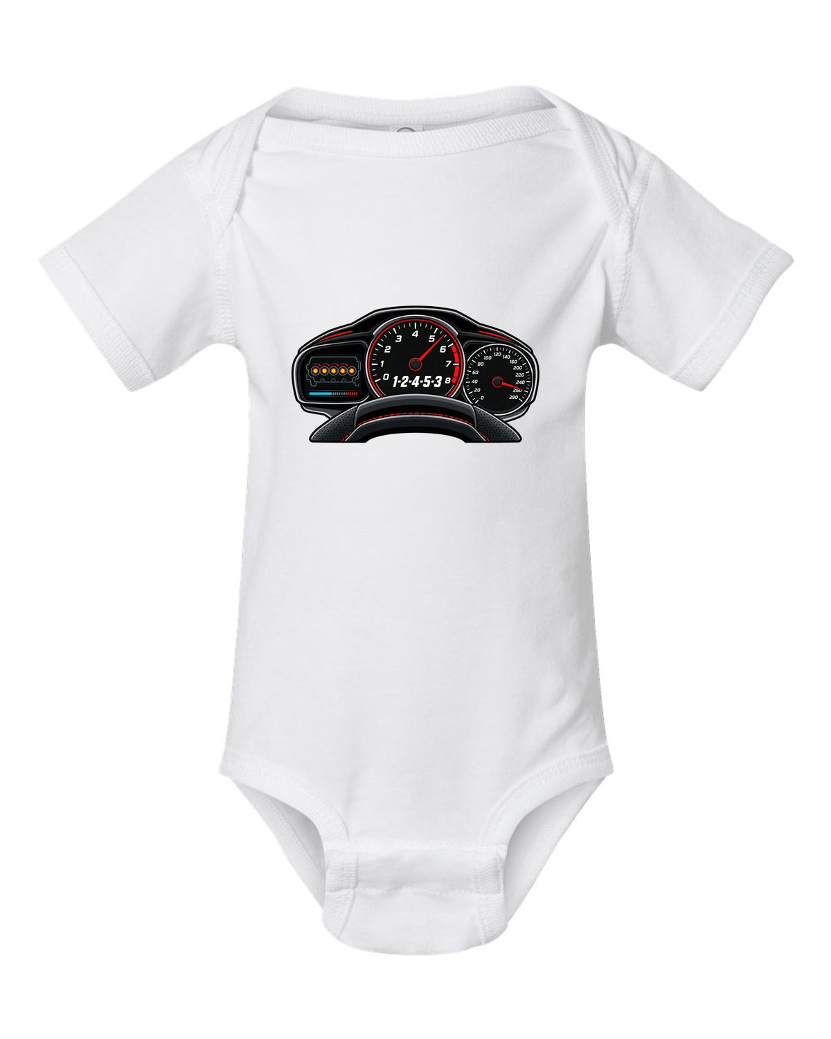 Flat gauge cluster print for the Audi RS3 8V showing the 1-2-4-5-3 firing order white baby onesie front view with the design