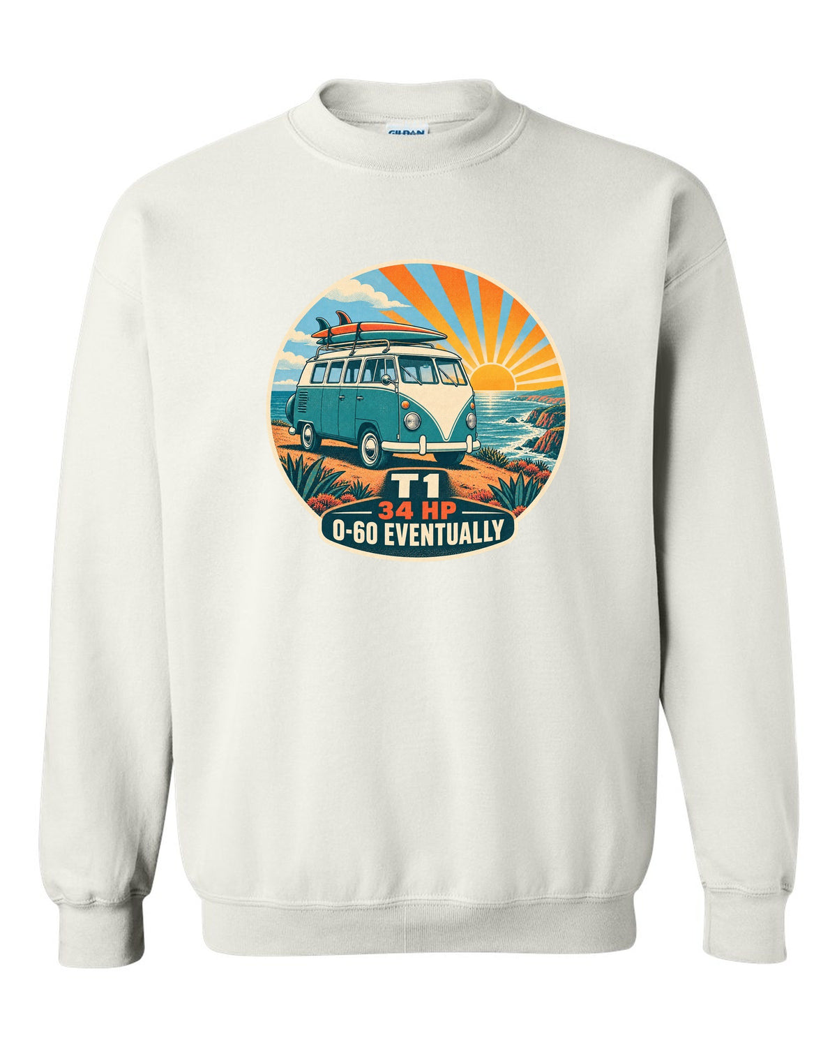 Two-colour silkscreen sunburst print of a 1962 VW Bus T1 split-window with 34 HP lettering white crewneck front view with the design