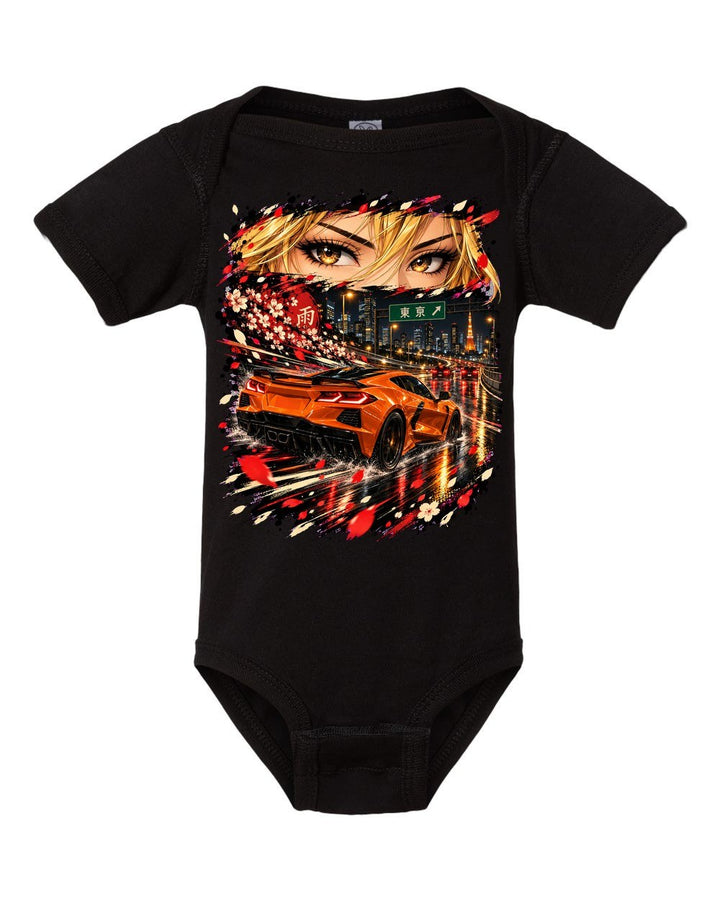 Chevrolet Corvette C8 Z06 Anime Girl Baby Onesie Black front
