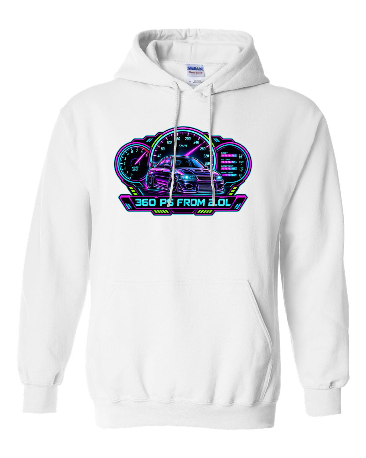 Neon cyberpunk gauge cluster print for the Mitsubishi Evo IX CT9A with 360 PS from 2.0L text white pull over hoodie front view with the design