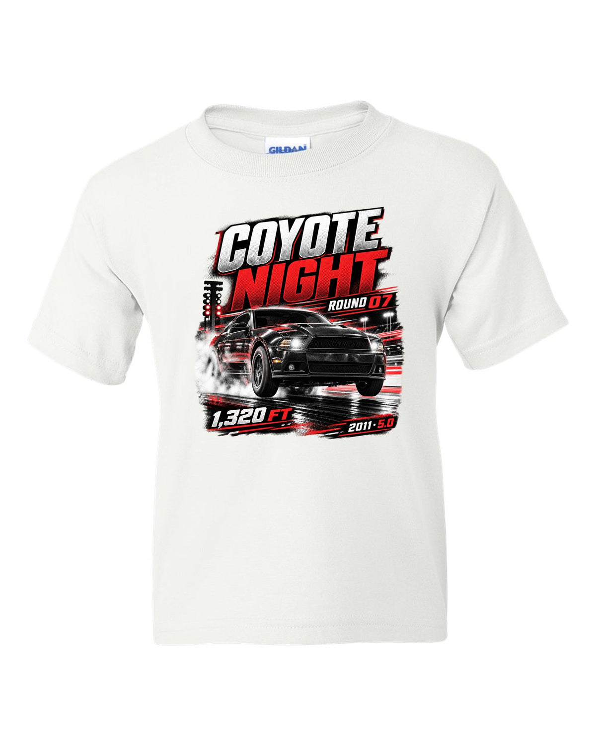Night race poster print of a 2011 Ford Mustang S197 GT 5.0 white kids tee front view with the design
