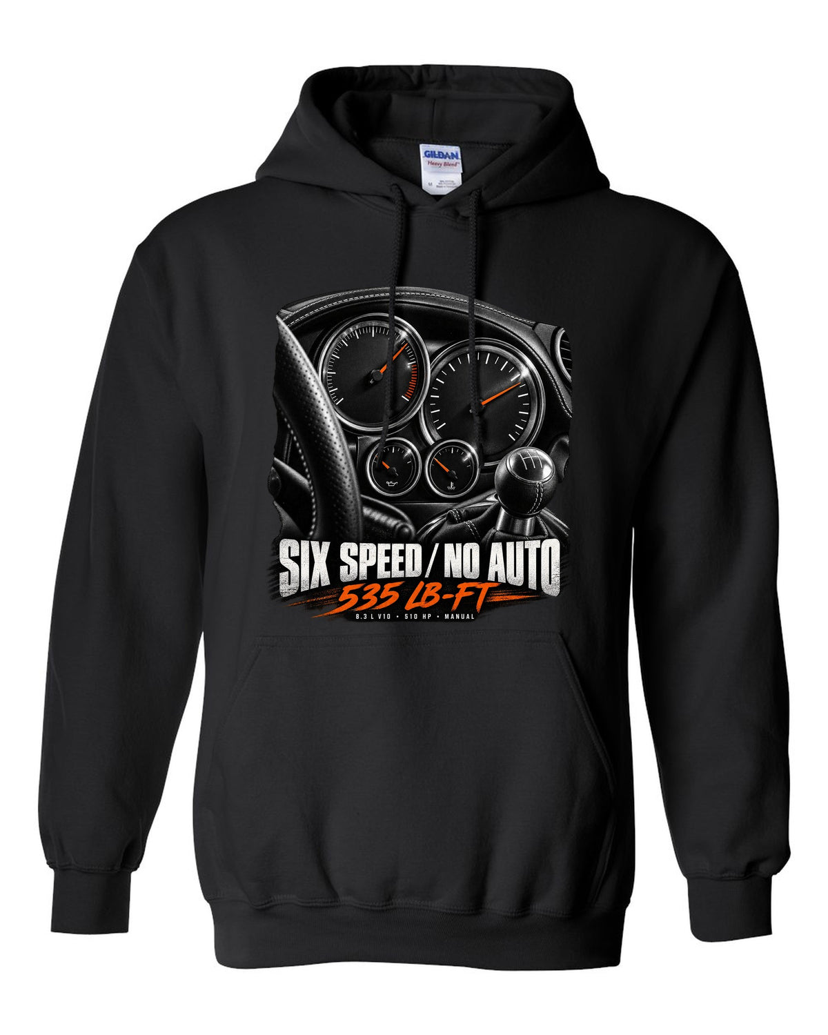 2006 Dodge Viper SRT-10 ZB I instrument gauge cluster print with six speed lettering black pull over hoodie front view with the design