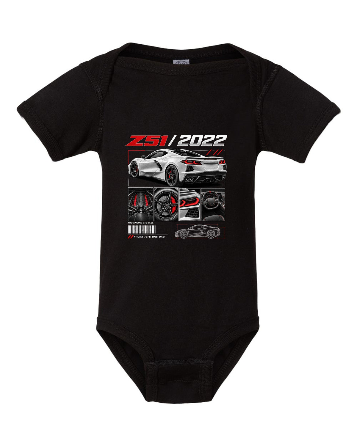 Corvette C8 Stingray Z51 2022 in dossier panels black baby onesie front view with the design
