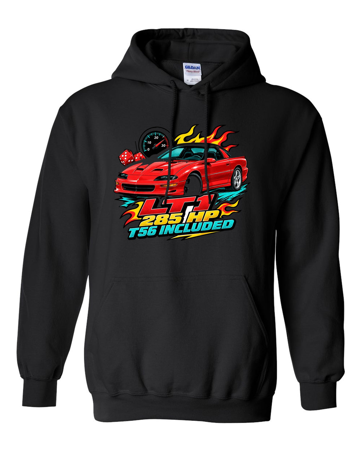 1996 Chevrolet Camaro Z28 LT1 sticker-bomb collage print with 285 HP T56 text black pull over hoodie front view with the design