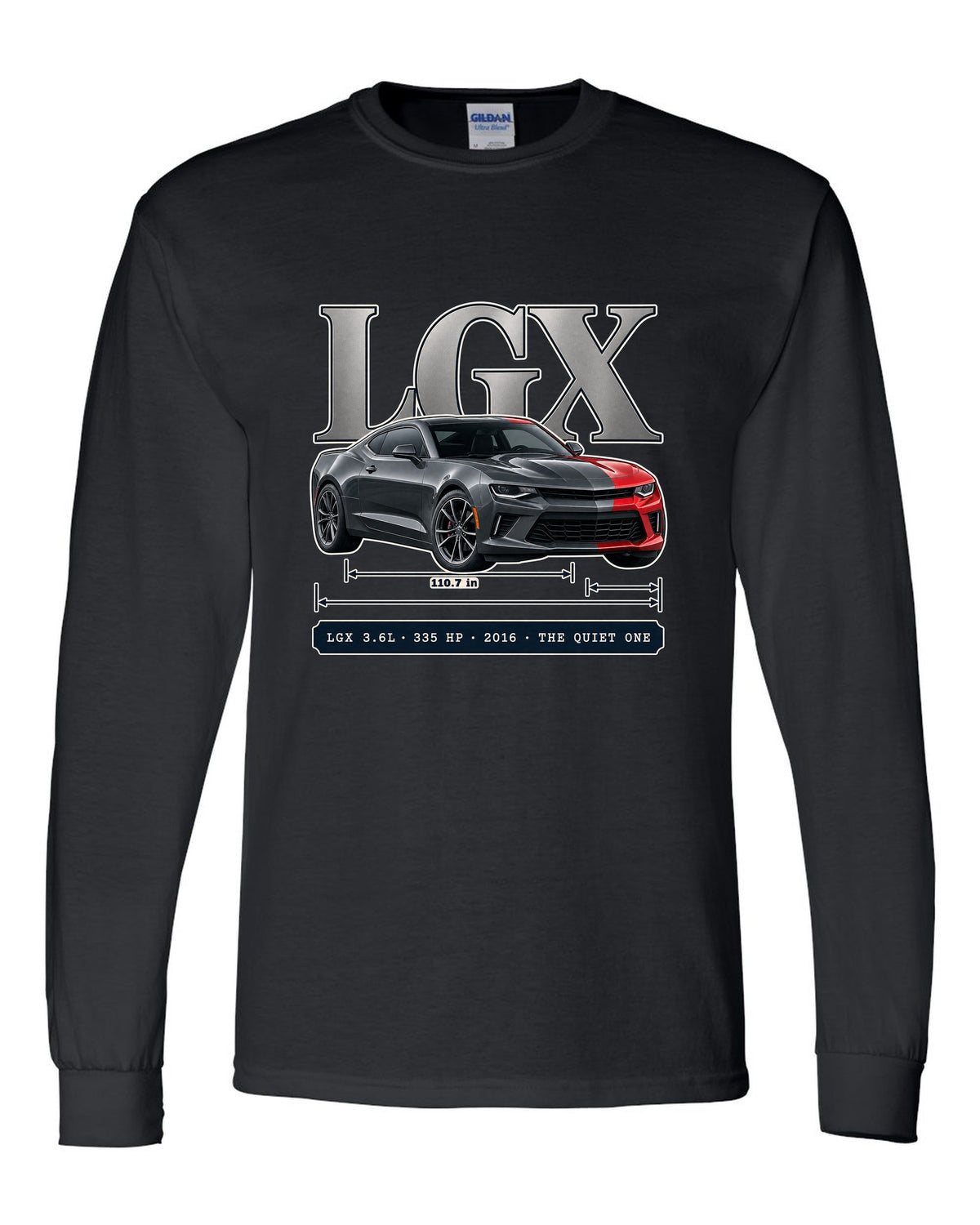 Archive panel print of a 2016 Chevrolet Camaro V6 with LGX 3.6L black long sleeve front view with the design