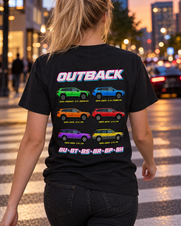 Subaru Outback Evolution Poster Full-Back Graphic Tee T-Shirt Black worn hero