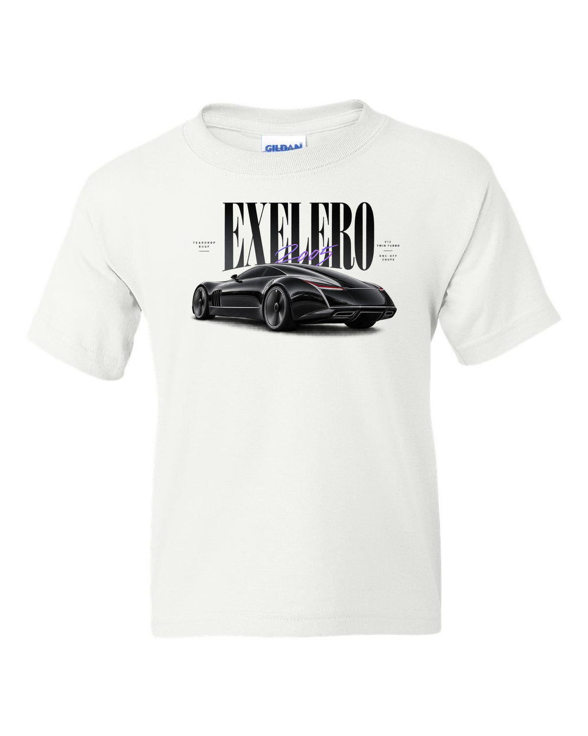 Editorial print of the Maybach Exelero one-off with Exelero 2005 Teardrop Roof lettering white kids tee front view with the design