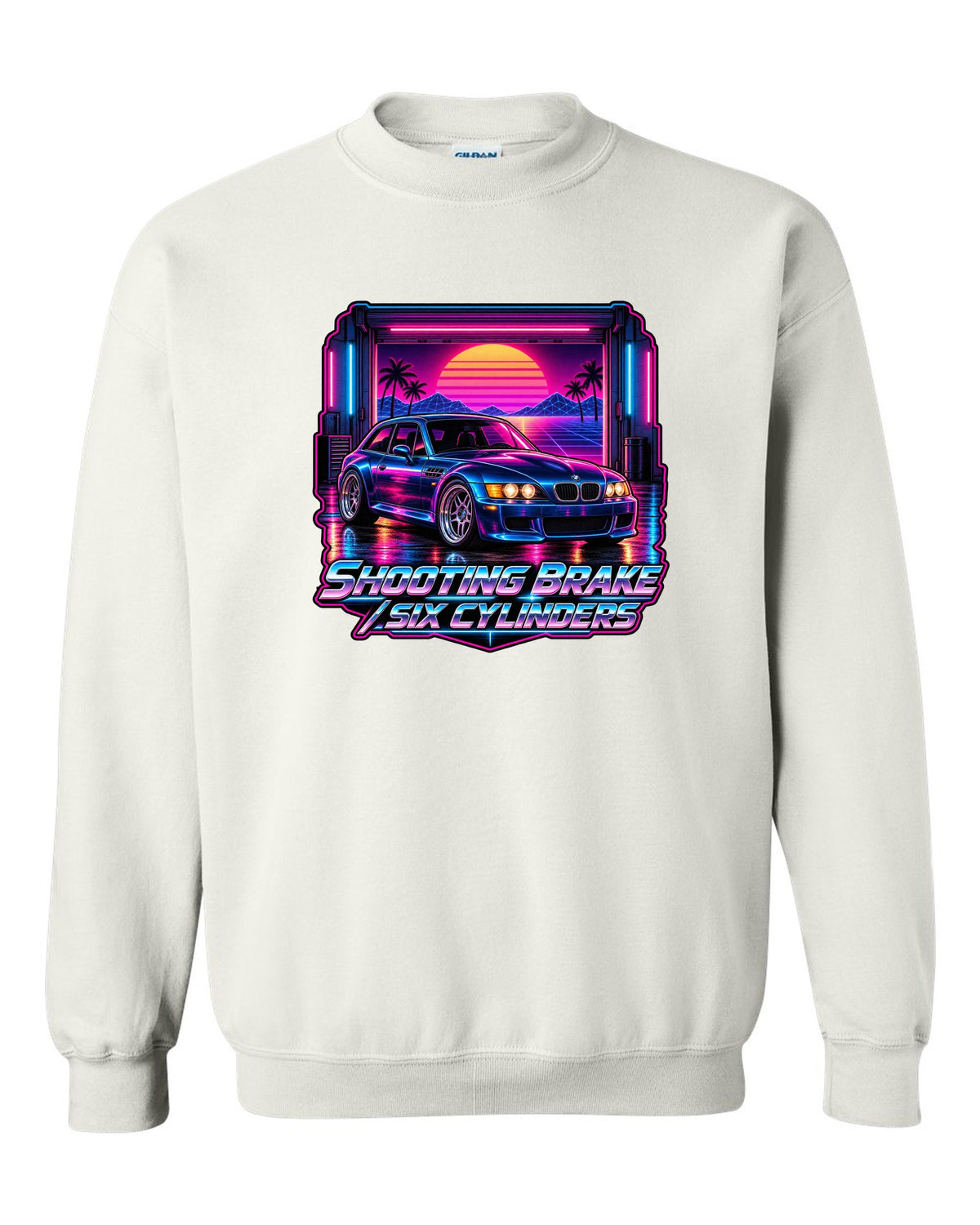 BMW Z3 M Coupe synthwave outrun print with shooting brake text white crewneck front view with the design