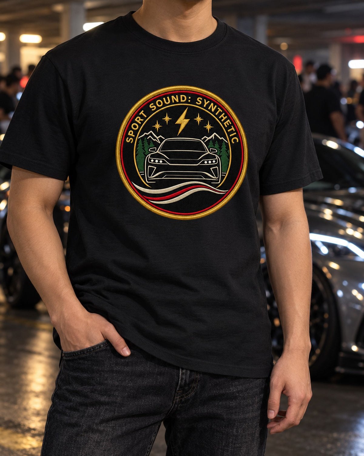 Porsche Taycan Turbo S 9J1 Round Badge Crest Shirt, EV Guy T-Shirt Black worn hero