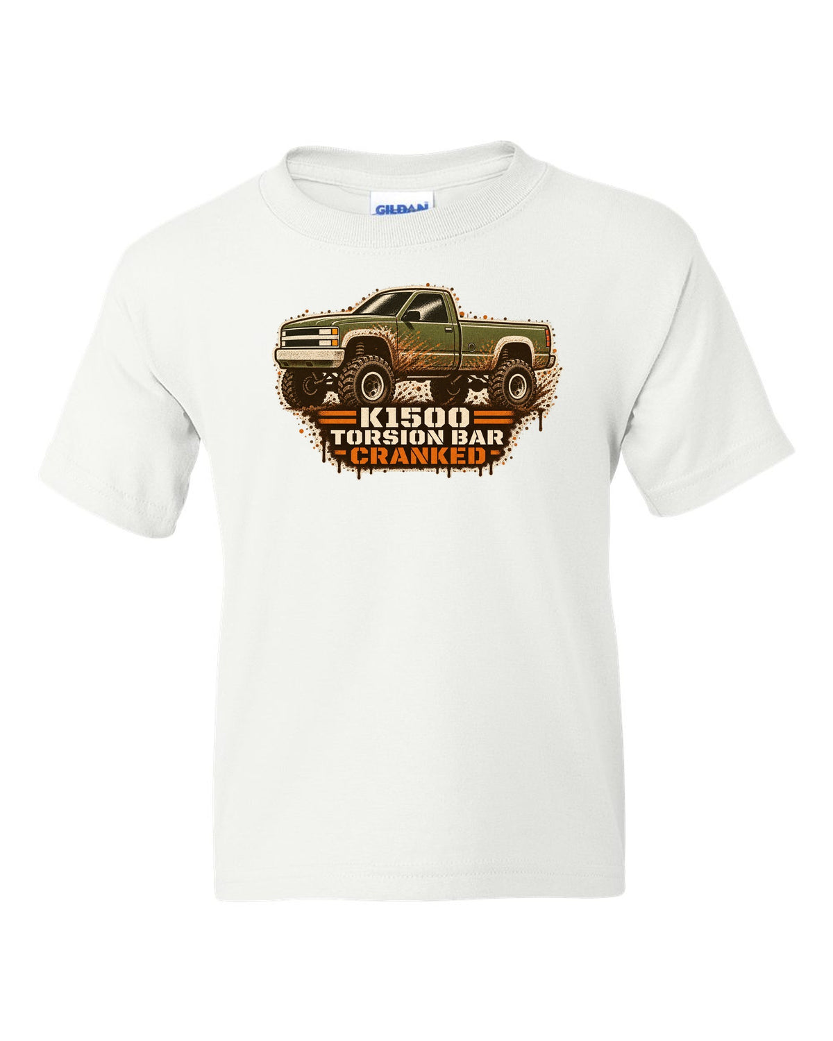 Stencil spray street-art print of a 1988-98 Chevrolet GMT400 K1500 Z71 OBS with torsion bar text white kids tee front view with the design