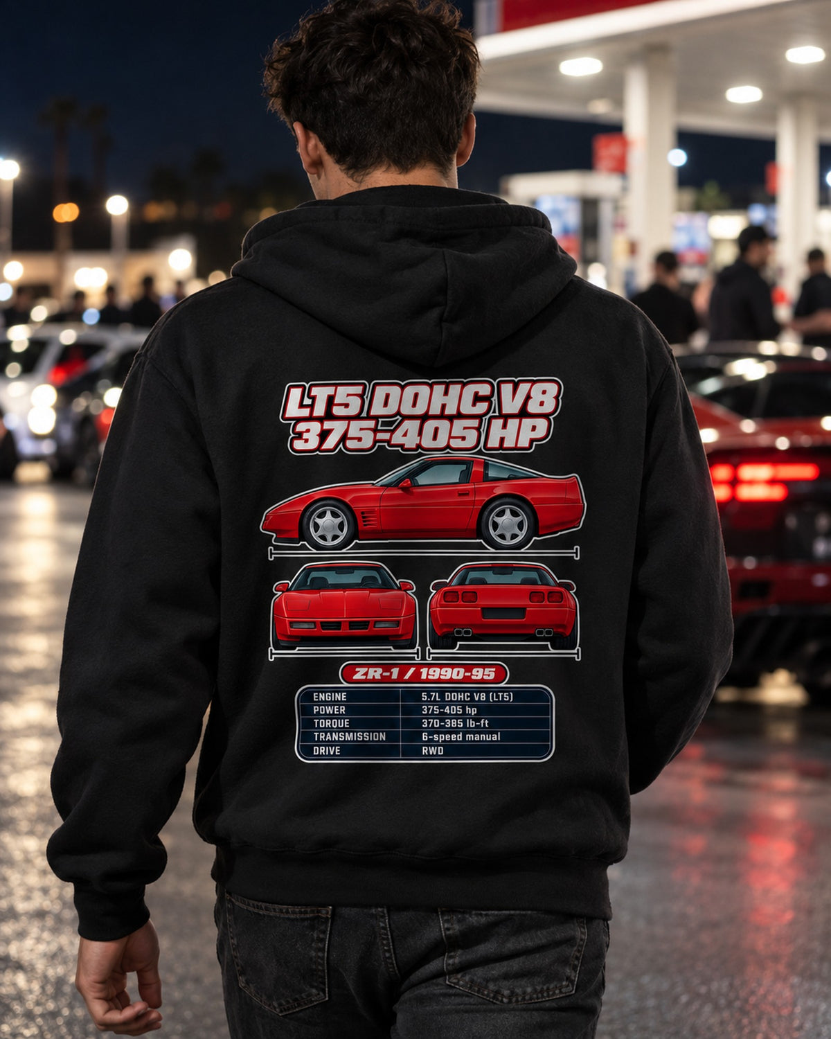 Chevrolet Corvette C4 Zr1 Spec Sheet Full-Back Graphic Tee Pull Over Hoodie Black worn hero