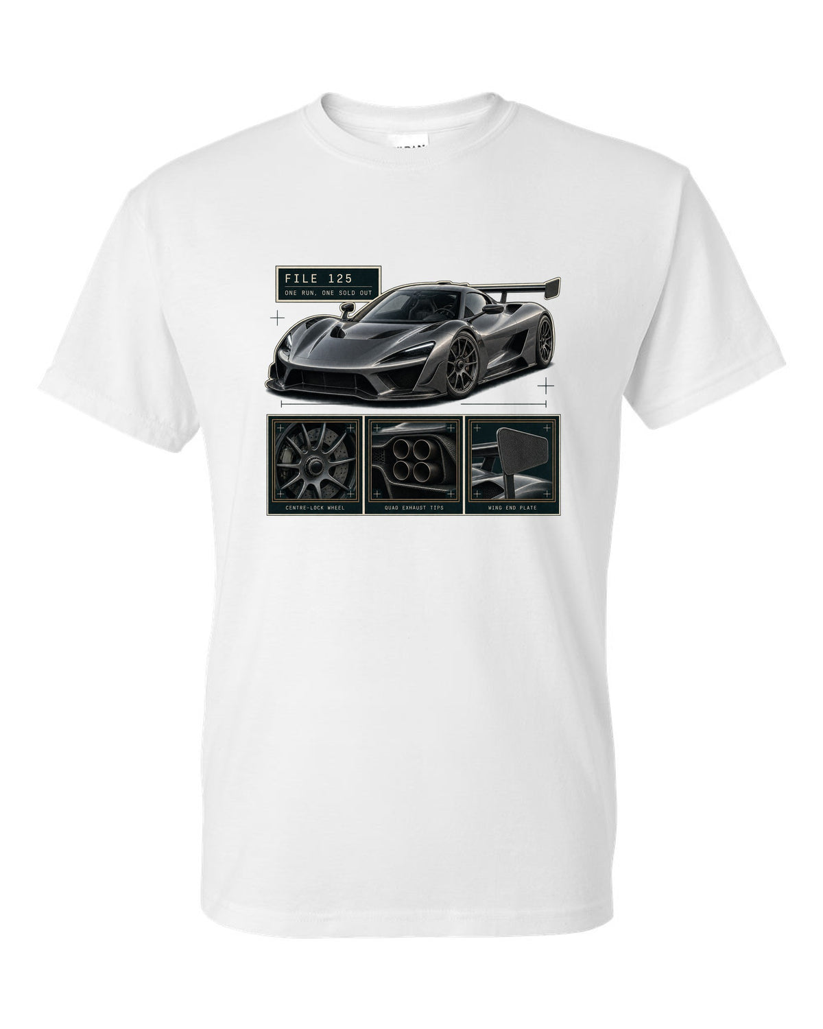Dossier panel layout of the Koenigsegg Jesko Attack with detail panels, print white t-shirt front view with the design