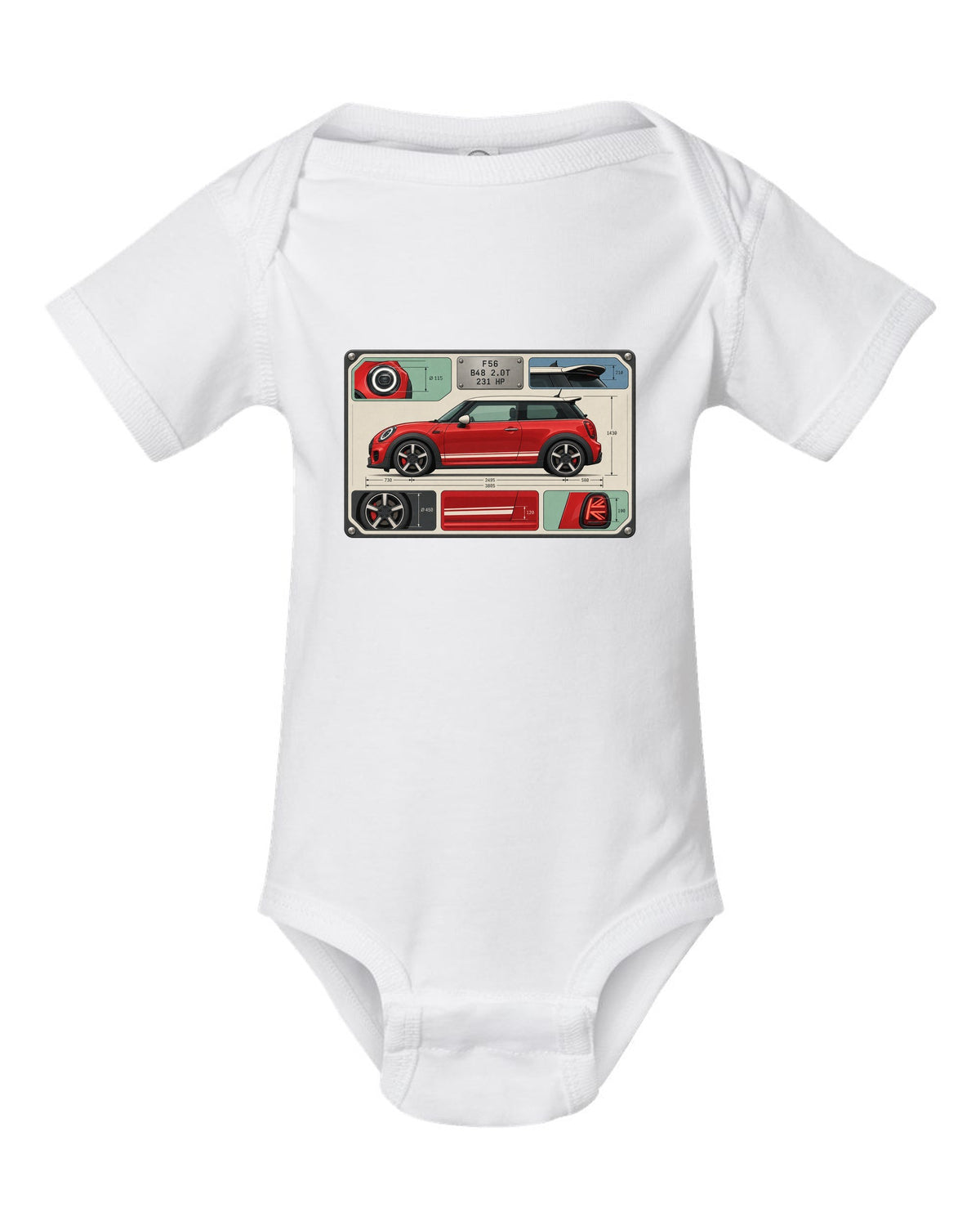 Spec-sheet data plate for the Mini JCW F56 with B48 2.0T and 231 HP white baby onesie front view with the design