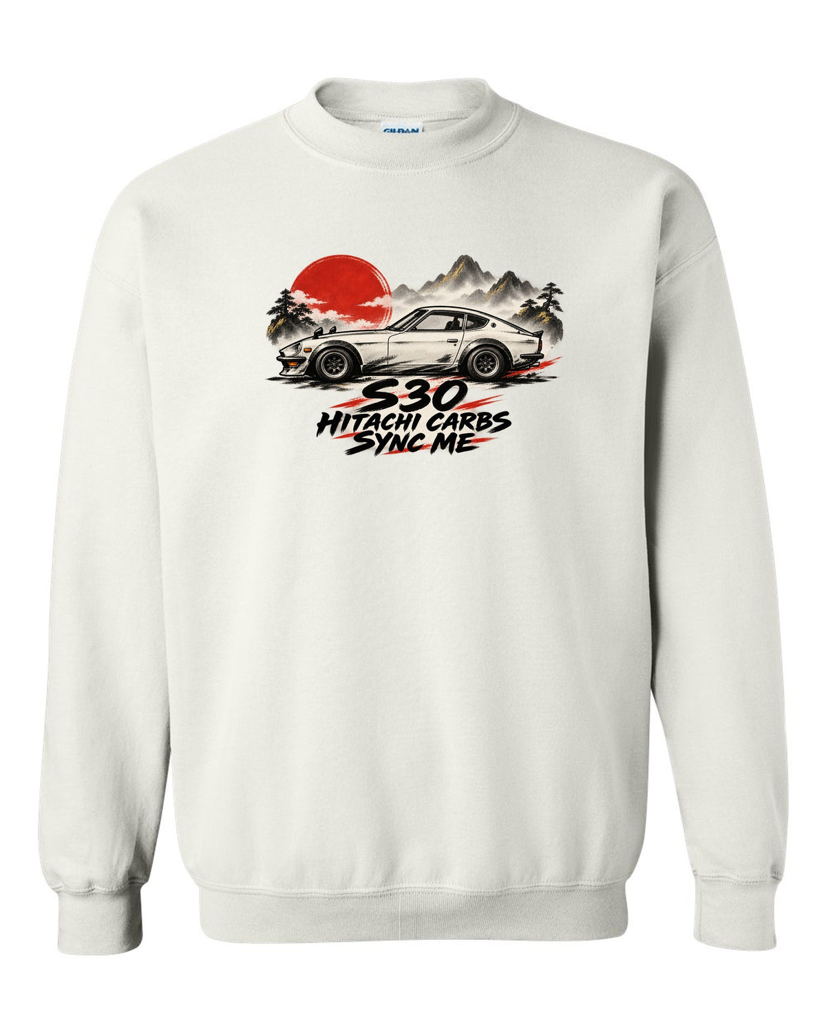 Sumi-e ink wash profile of a 1972 Datsun 240Z S30 with red accents white crewneck front view with the design