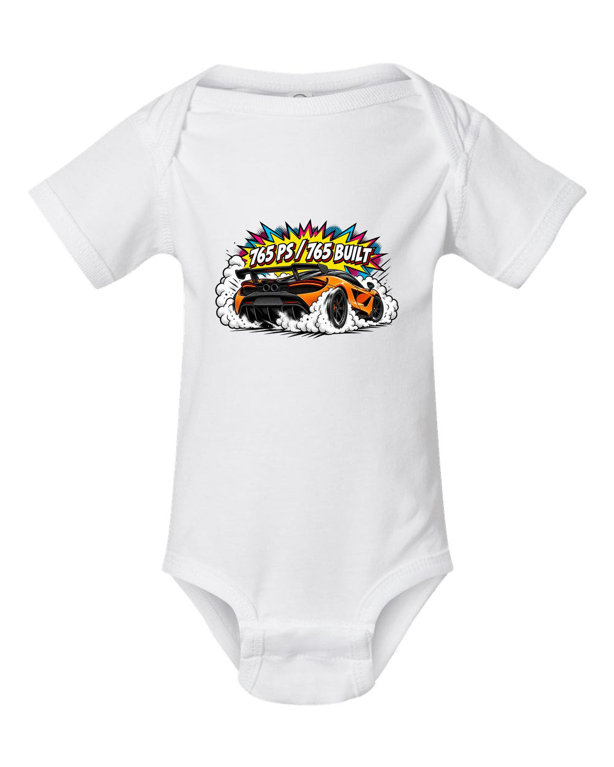 Comic halftone pop-art print of a McLaren 765LT burnout with 765 PS and 765 Built lettering white baby onesie front view with the design