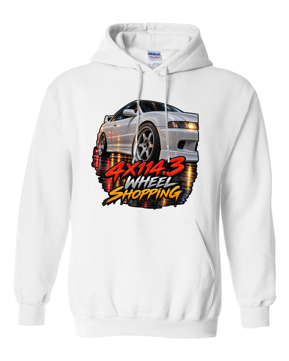 Cinematic macro painting print of a wet wheel on a 1995 Honda Integra DC2 coupe with 4x114.3 text white pull over hoodie front view with the design