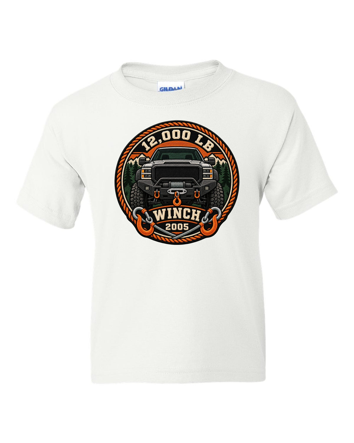 Varsity crest print of a Ram Power Wagon 2500 winch bumper with 12,000 LB winch 2005 text white kids tee front view with the design