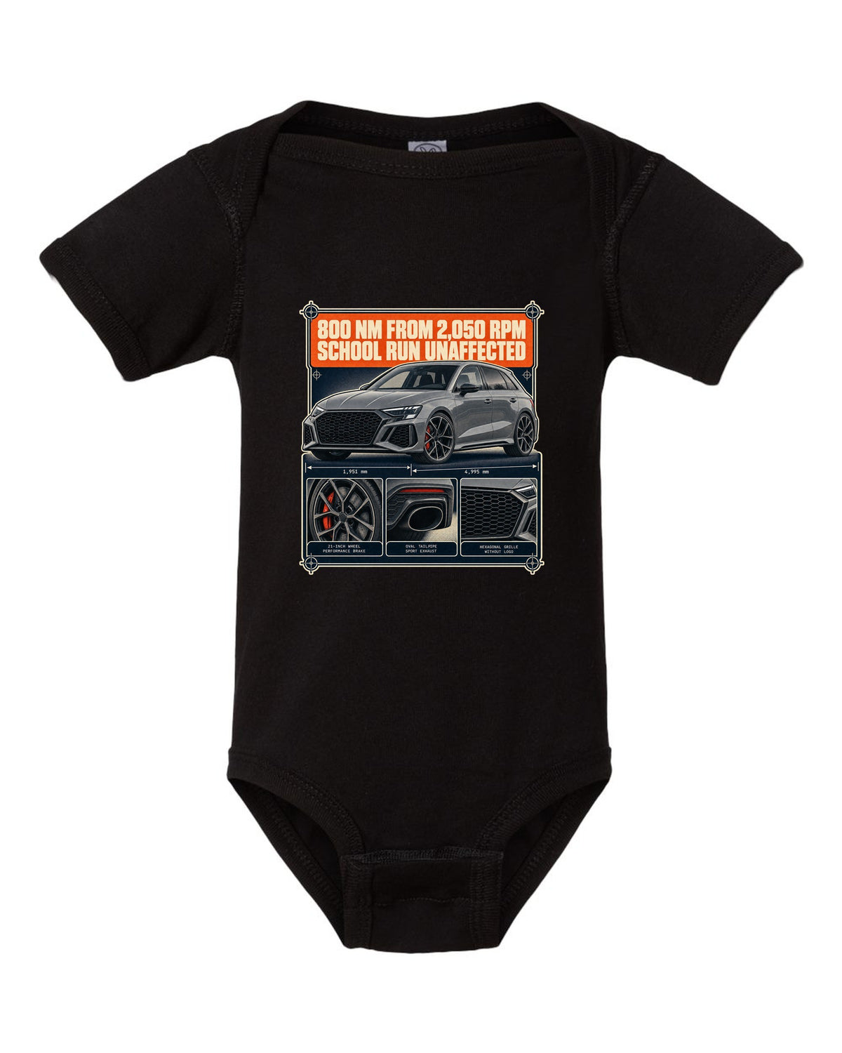 Dossier panels for the Audi RS6 Avant C8 noting 800 Nm from 2,050 rpm black baby onesie front view with the design