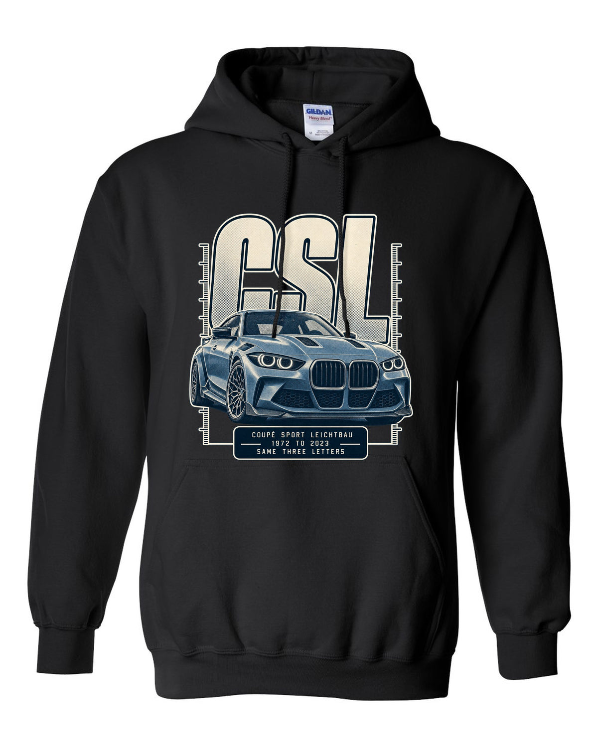 BMW CSL halftone lettering print, 1972 to 2023 black pull over hoodie front view with the design
