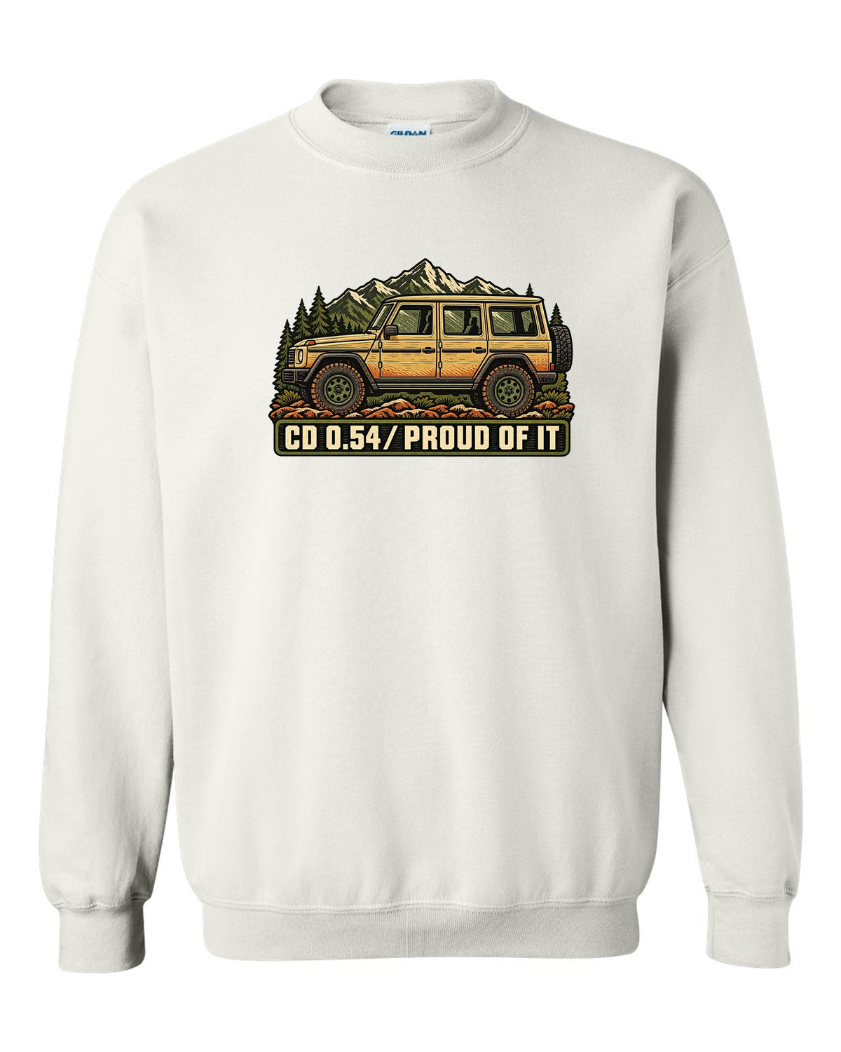 Mercedes G-Class W463 Dust and Hinges Linocut Profile white crewneck front view with the design