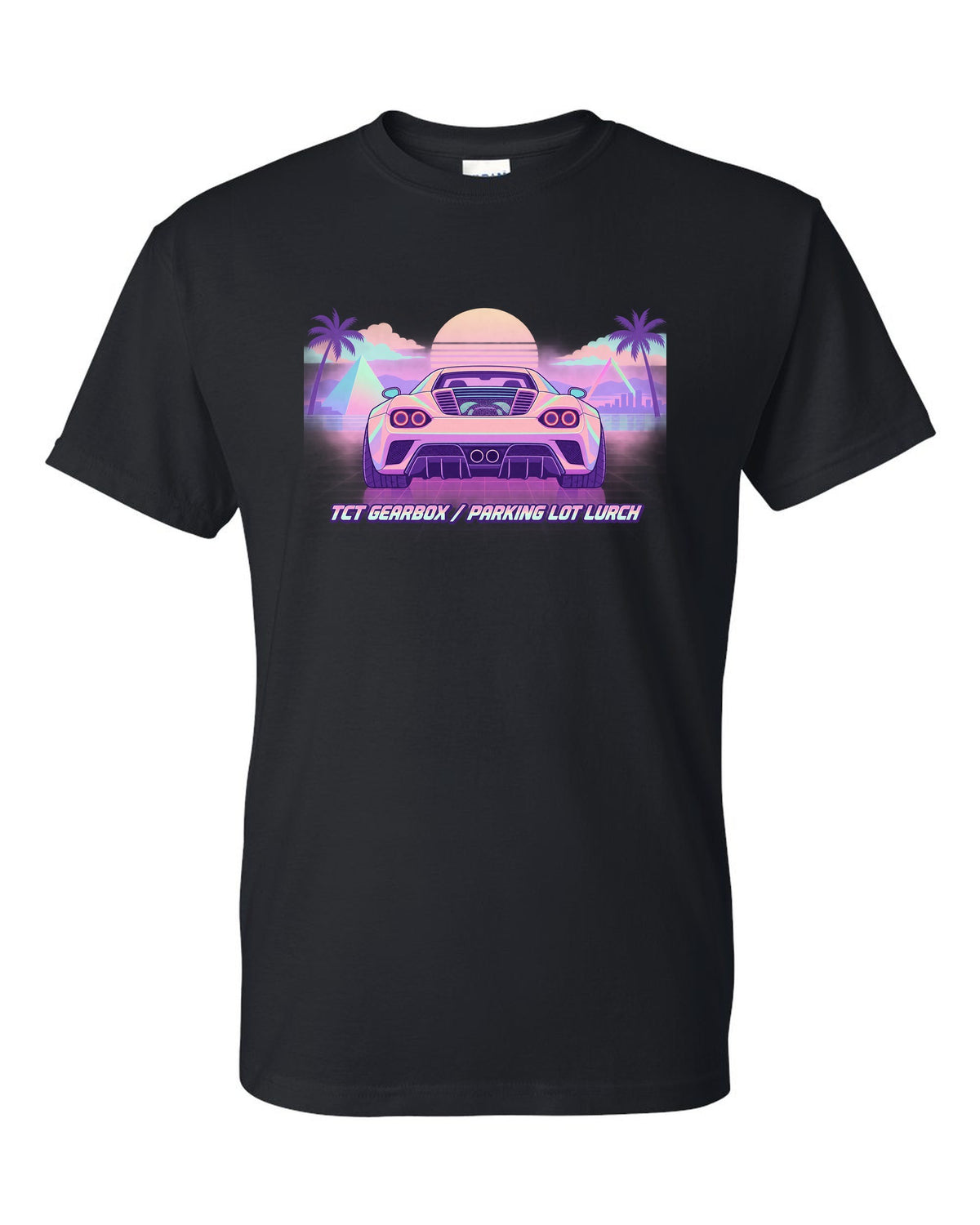 Vaporwave pastel illustration of an Alfa Romeo 4C with TCT gearbox parking lot lurch text black t-shirt front view with the design