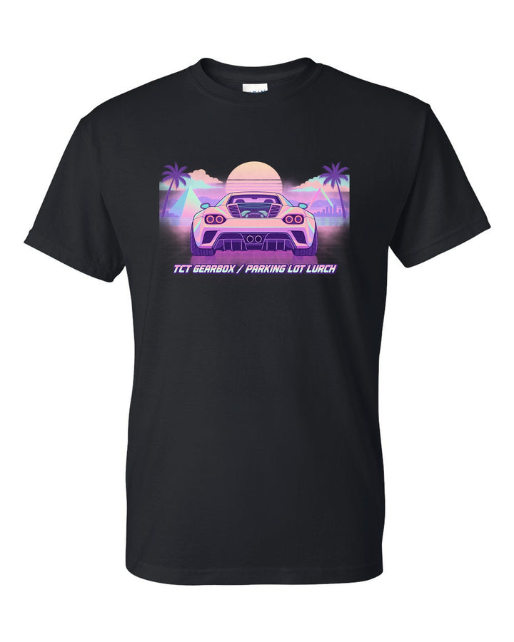 Vaporwave pastel illustration of an Alfa Romeo 4C with TCT gearbox parking lot lurch text black t-shirt front view with the design
