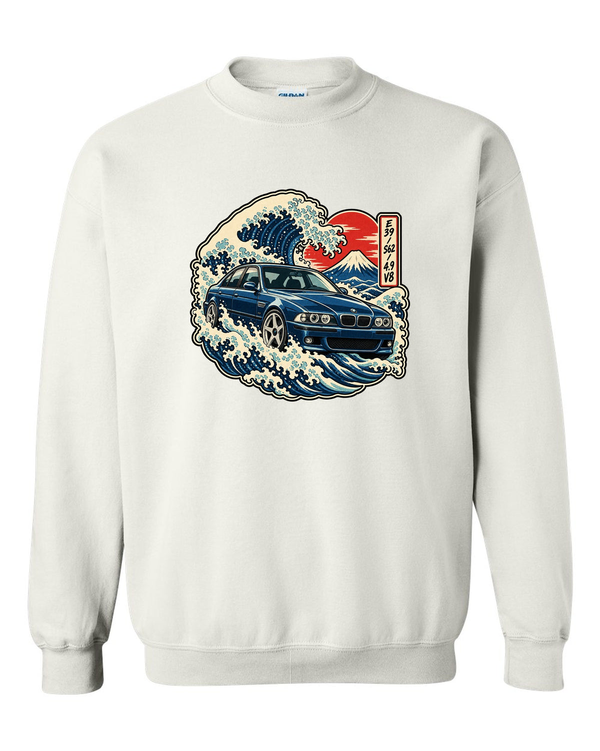 Comic halftone pop-art print of a BMW M5 E39 with one more bolt caption white crewneck front view with the design