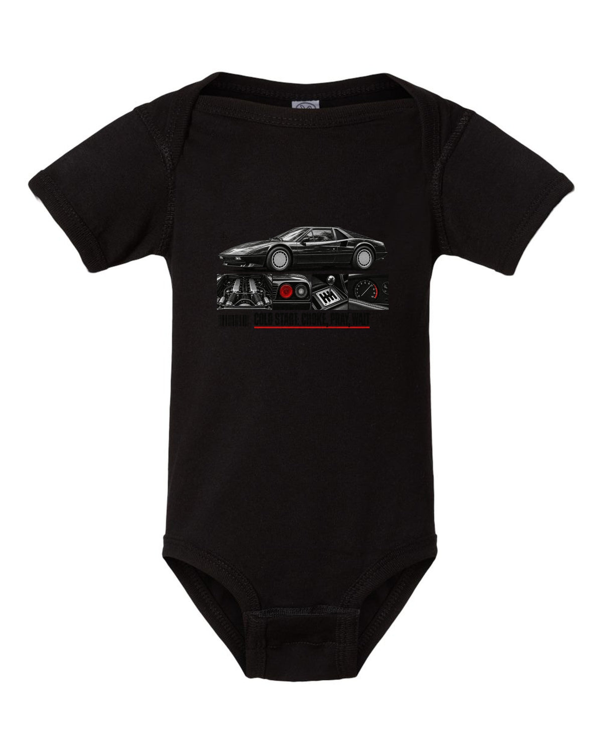 Dossier-panel print of a Ferrari 308 GTB/GTS with the line Cold Start: Choke, Pray, Wait black baby onesie front view with the design