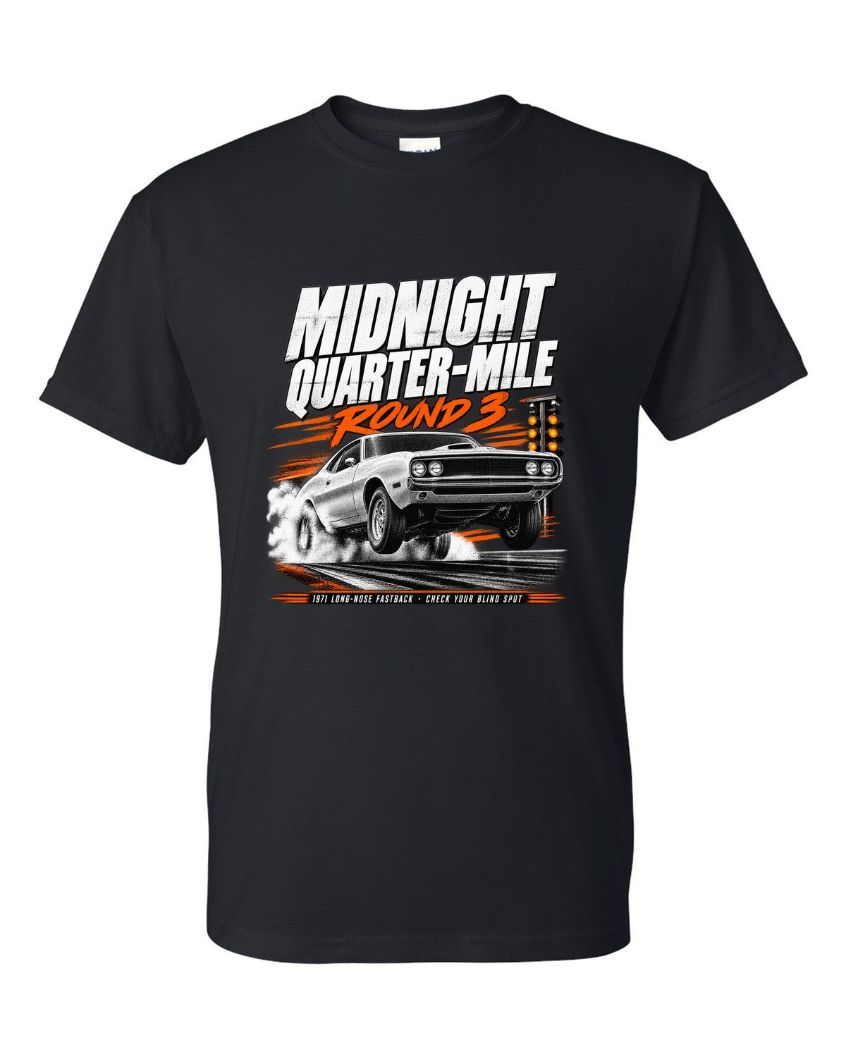 Race poster illustration of a 1971 Ford Mustang long-nose fastback titled midnight quarter-mile black t-shirt front view with the design