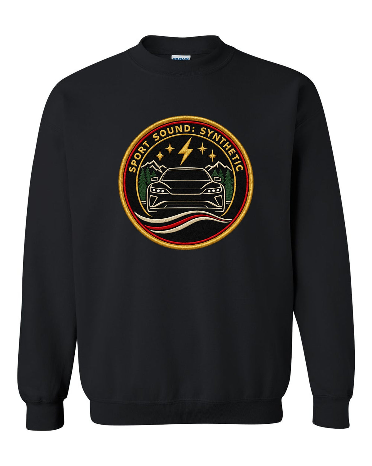 Porsche Taycan Turbo S 9J1 round embroidery-style crest print with the text sport sound synthetic black crewneck front view with the design