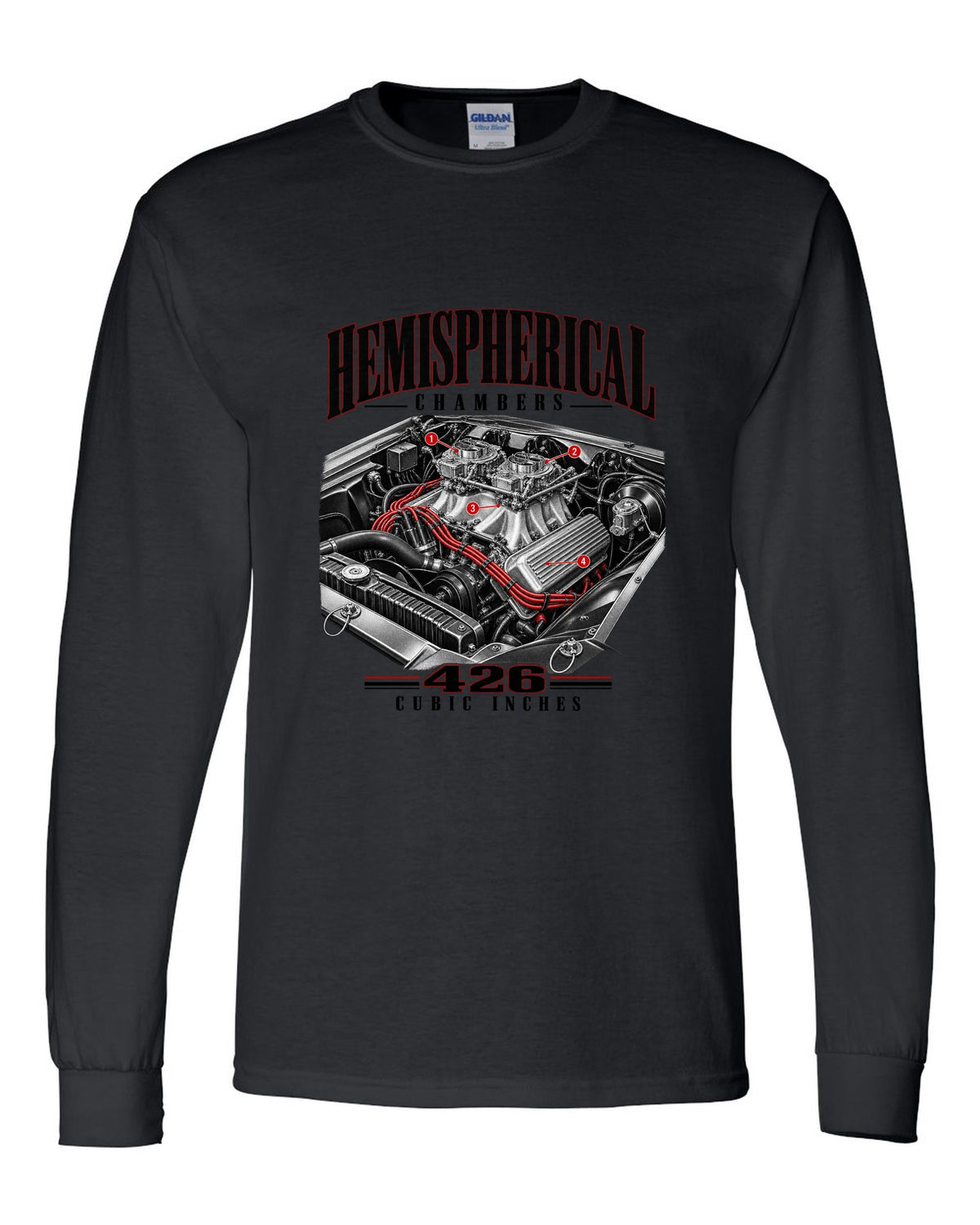 Engine hero print of a 1970 Plymouth Cuda E-body 426 Hemi black long sleeve front view with the design