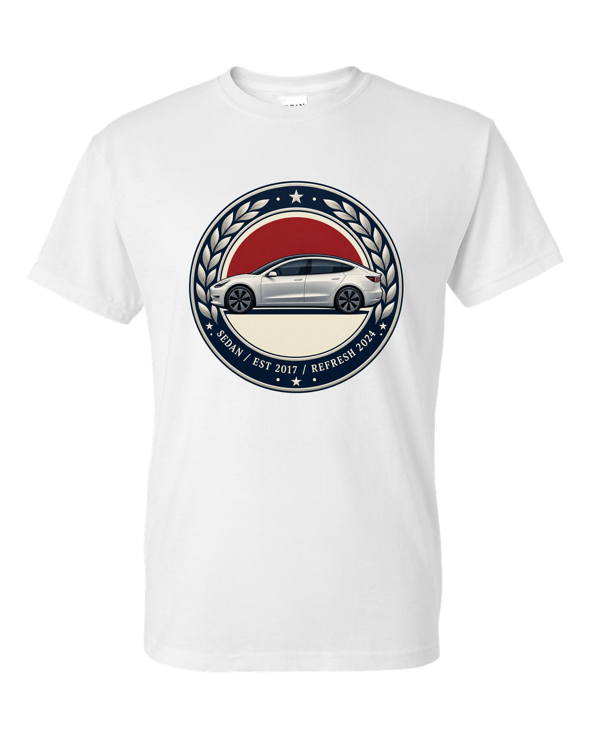 Round crest print of a Tesla Model 3 sedan reading Est 2017 and Refresh 2024 white t-shirt front view with the design