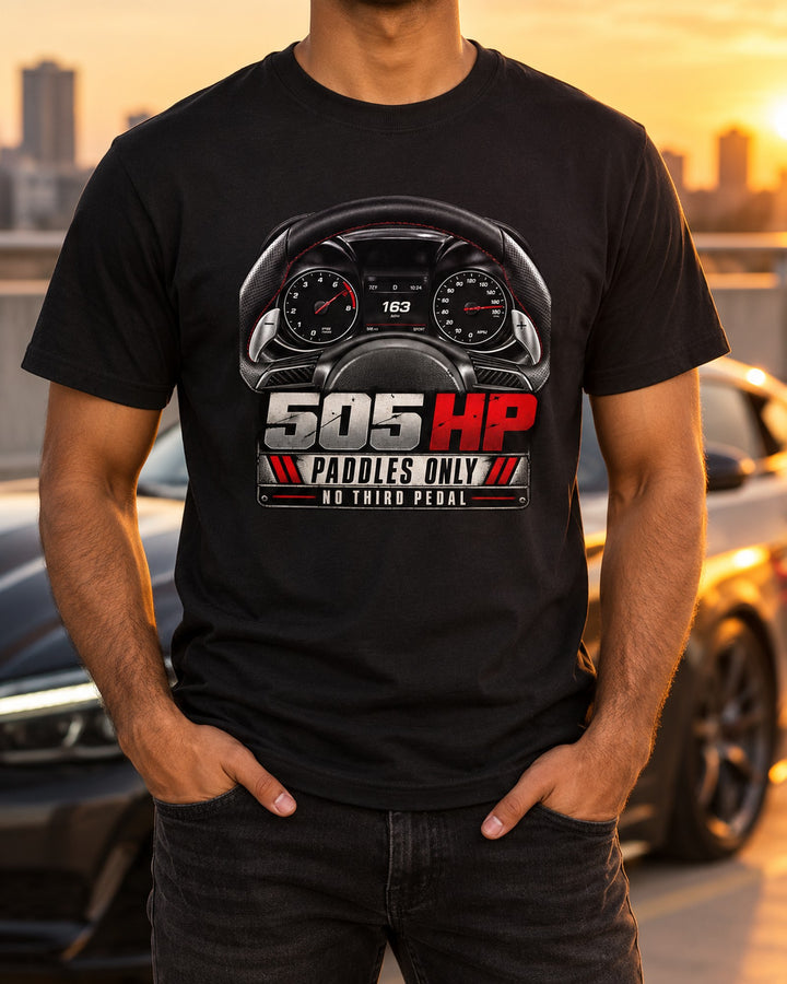 Giulia Quadrifoglio 952 Cockpit Readout Shirt, Paddles Only T-Shirt Black worn hero