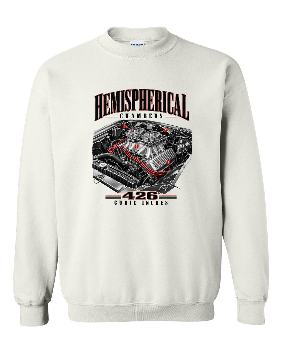 Engine hero print of a 1970 Plymouth Cuda E-body 426 Hemi white crewneck front view with the design