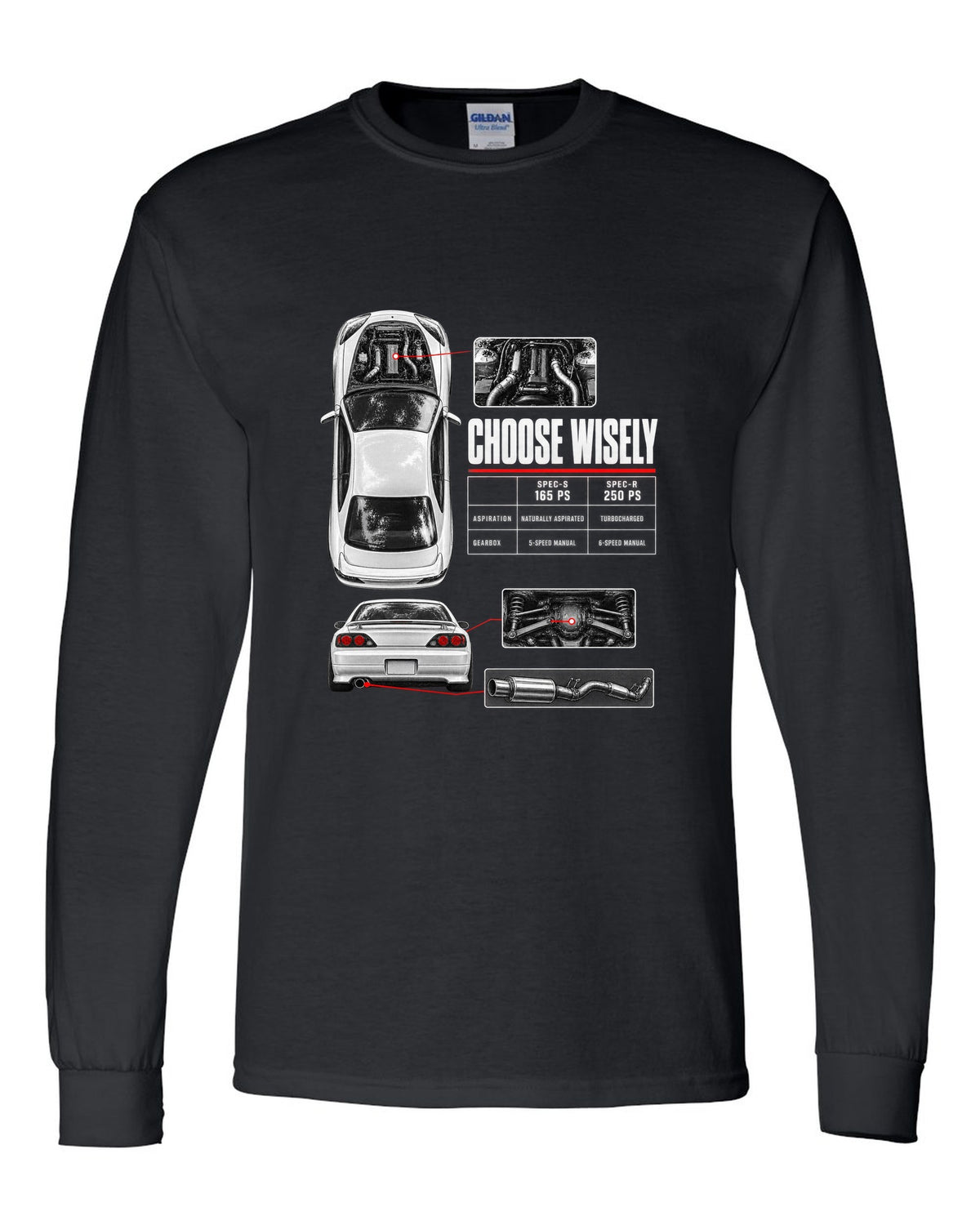 Spec poster of a Nissan Silvia S15 comparing Spec-S 165 PS and Spec-R 250 PS with Choose Wisely lettering black long sleeve front view with the design
