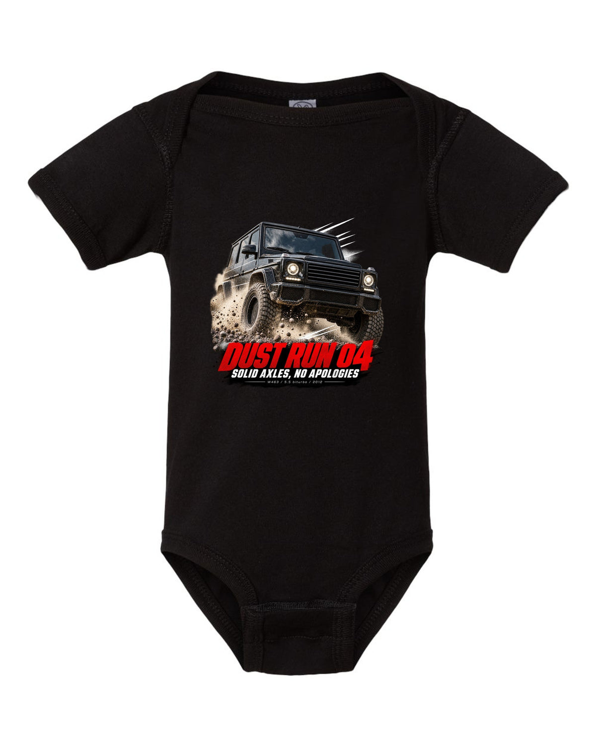 Race poster print of a Mercedes G63 AMG W463 with Dust Run 04 Solid Axles lettering black baby onesie front view with the design