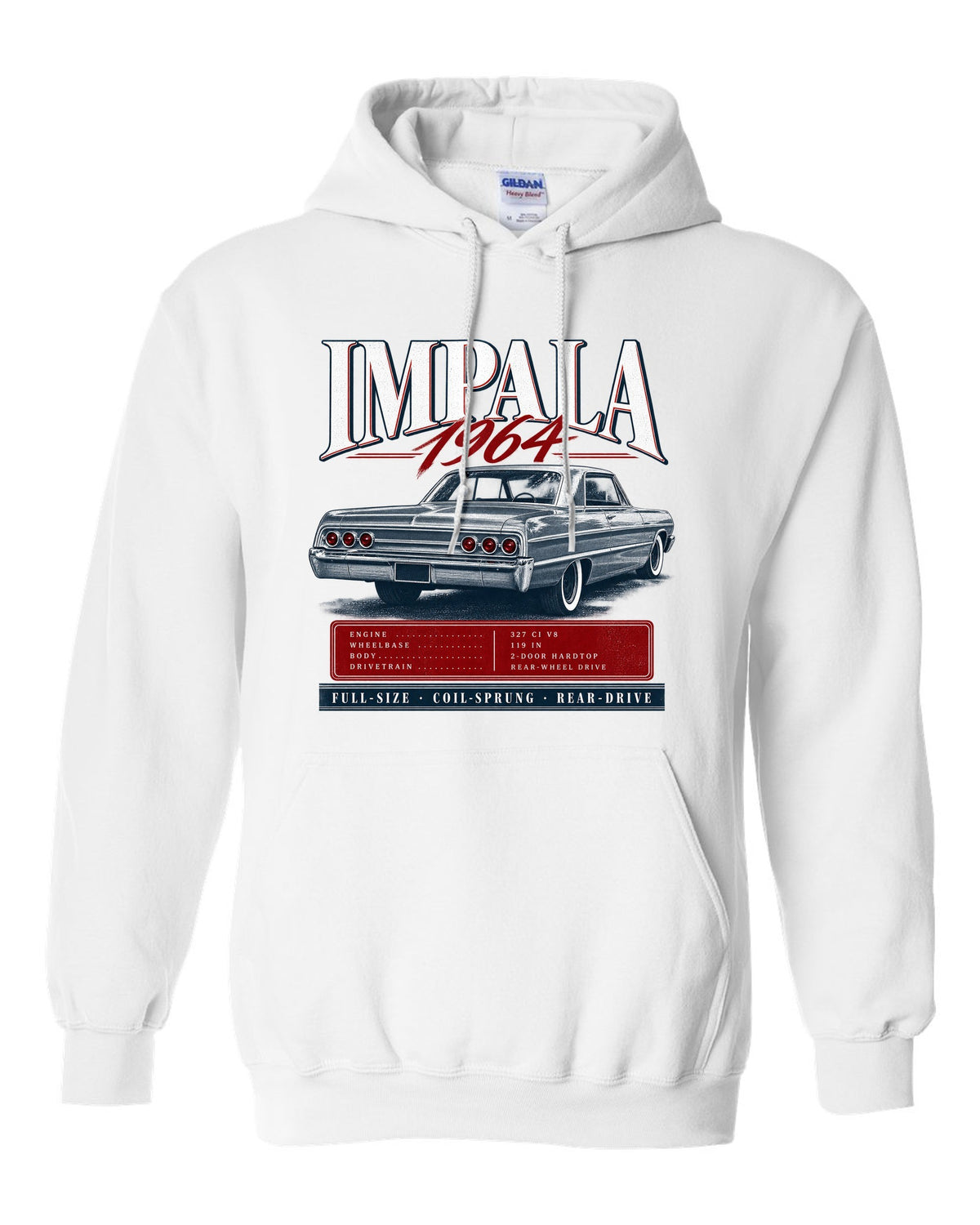 1964 Impala SS B-body rear three-quarter archive panel print white pull over hoodie front view with the design
