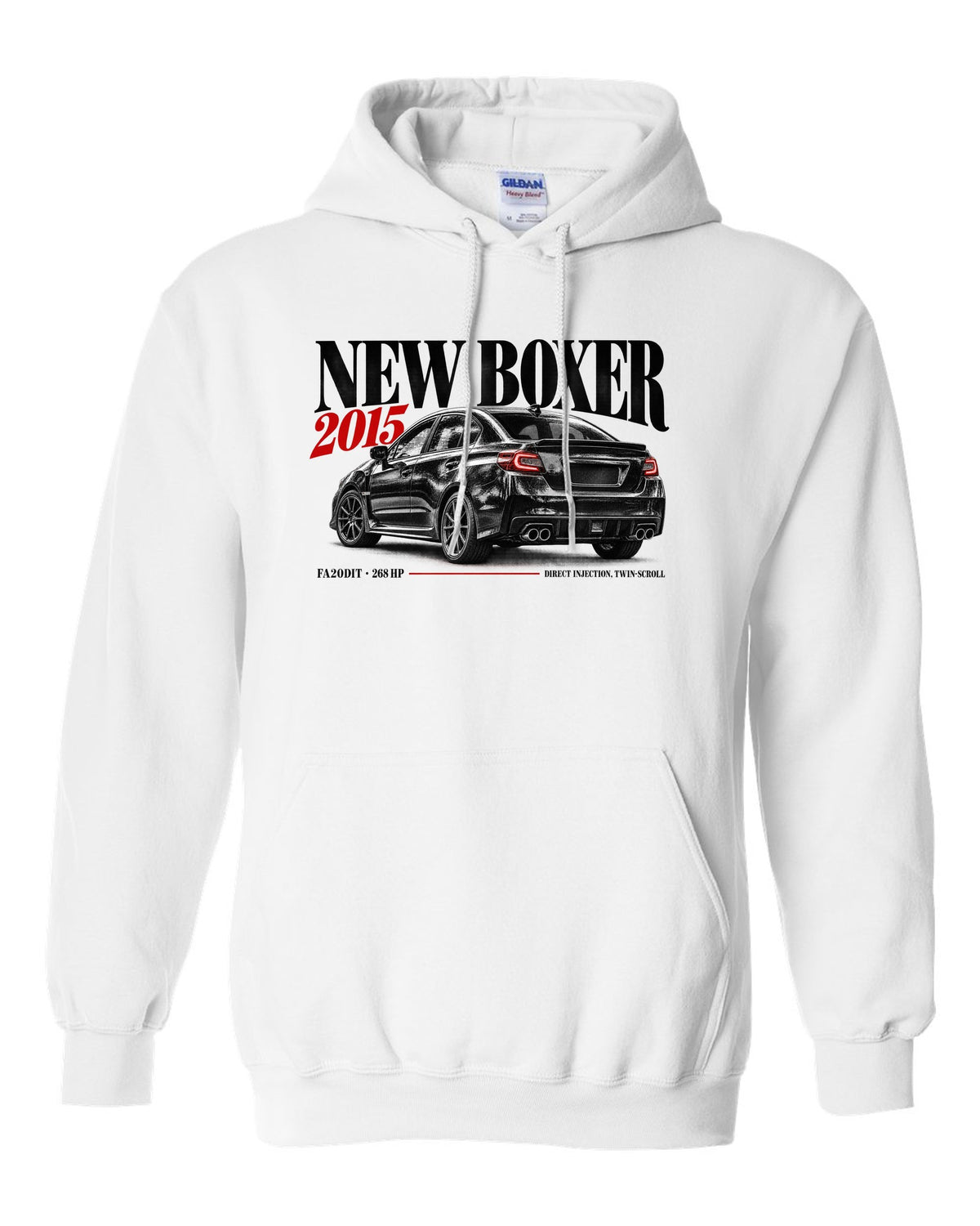 Editorial headline print for the Subaru WRX VA saloon reading New Boxer, 2015, FA20DIT, 268 HP white pull over hoodie front view with the design