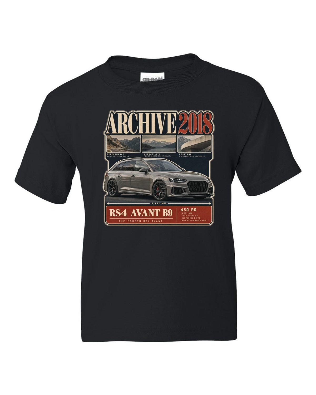 Audi RS4 Avant B9 archive panel print marked 2018 with 450 PS black kids tee front view with the design