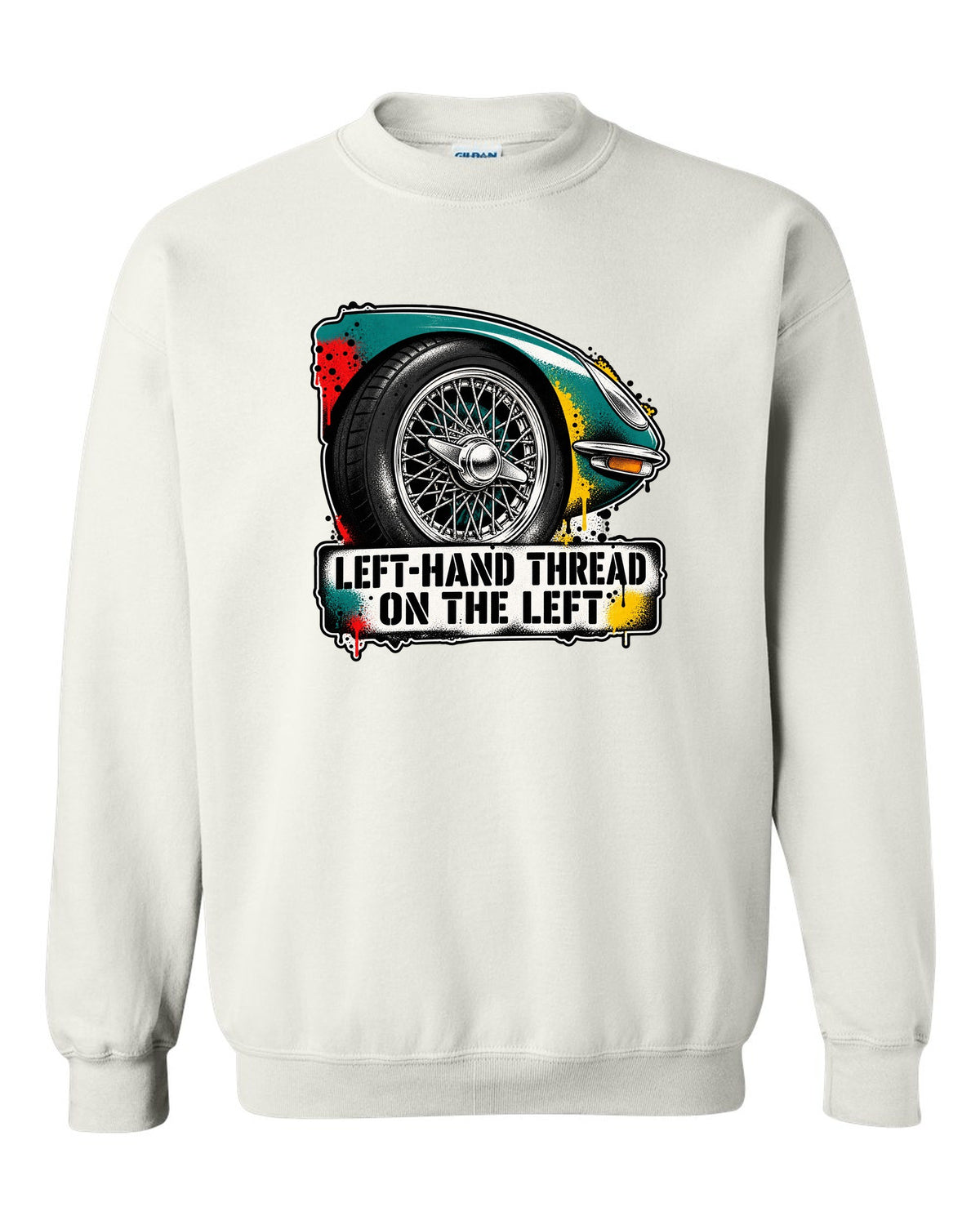 Jaguar E-Type Series 1 stencil spray with LEFT-HAND THREAD ON THE LEFT lettering white crewneck front view with the design