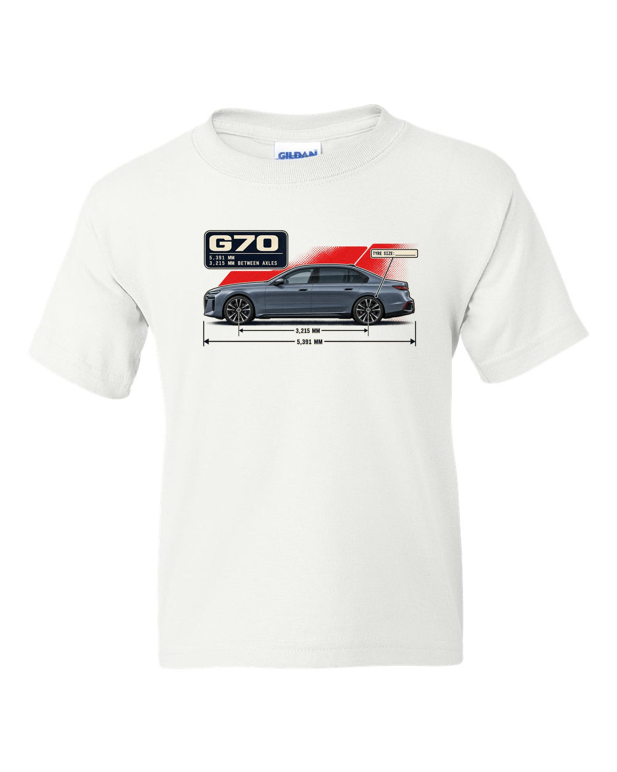 Dimension blueprint print of the BMW i7 M70 xDrive G70 white kids tee front view with the design