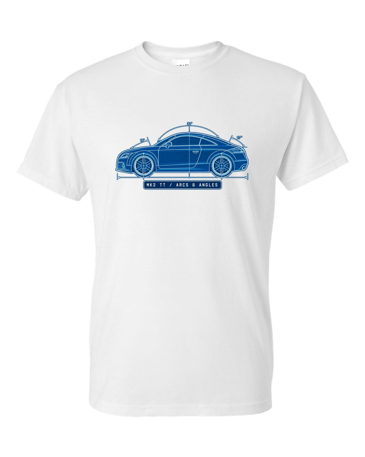 Cyanotype negative blueprint print of an Audi TT 8J coupe with Mk2 TT text white t-shirt front view with the design