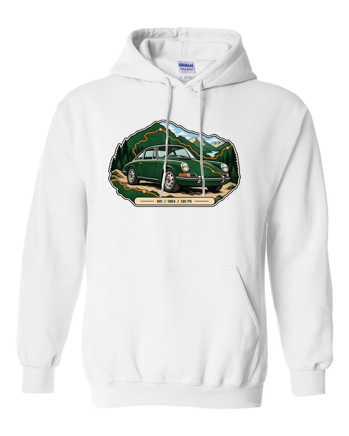 Porsche 993 RS engine bay data plate spec sheet design with 3.8 and 300 PS text white pull over hoodie front view with the design