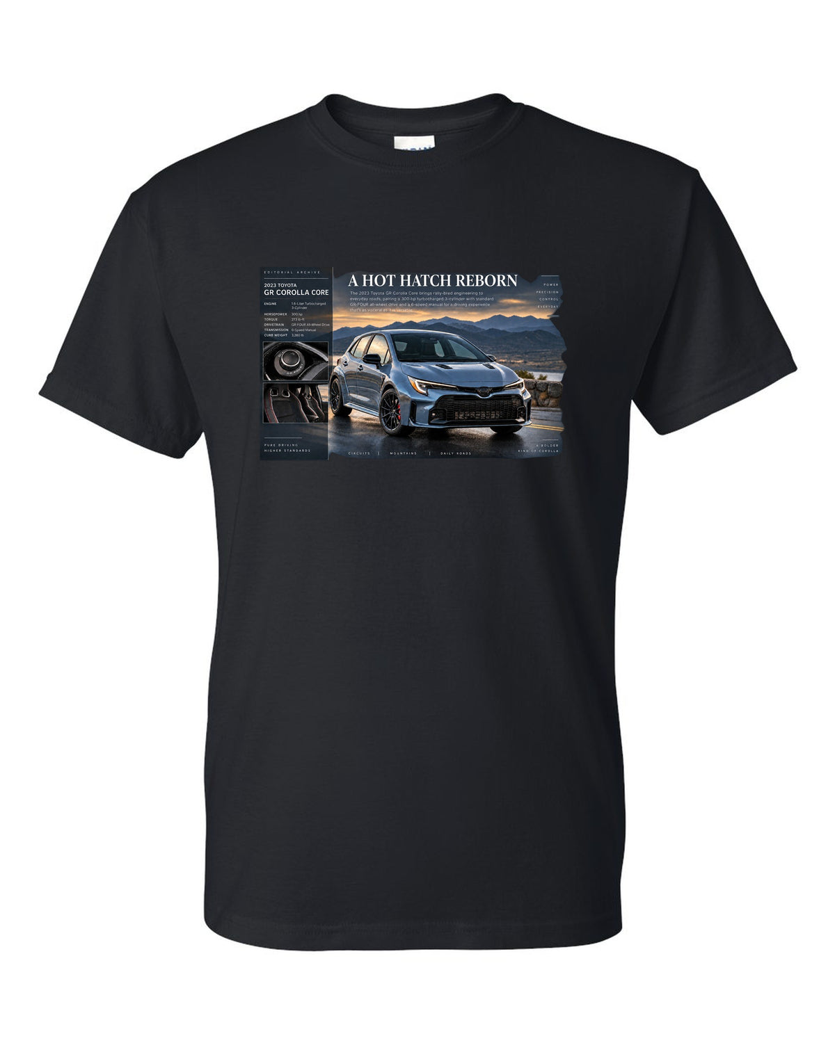 Toyota GR Corolla Core 2023 front three-quarter archive panel black t-shirt front view with the design